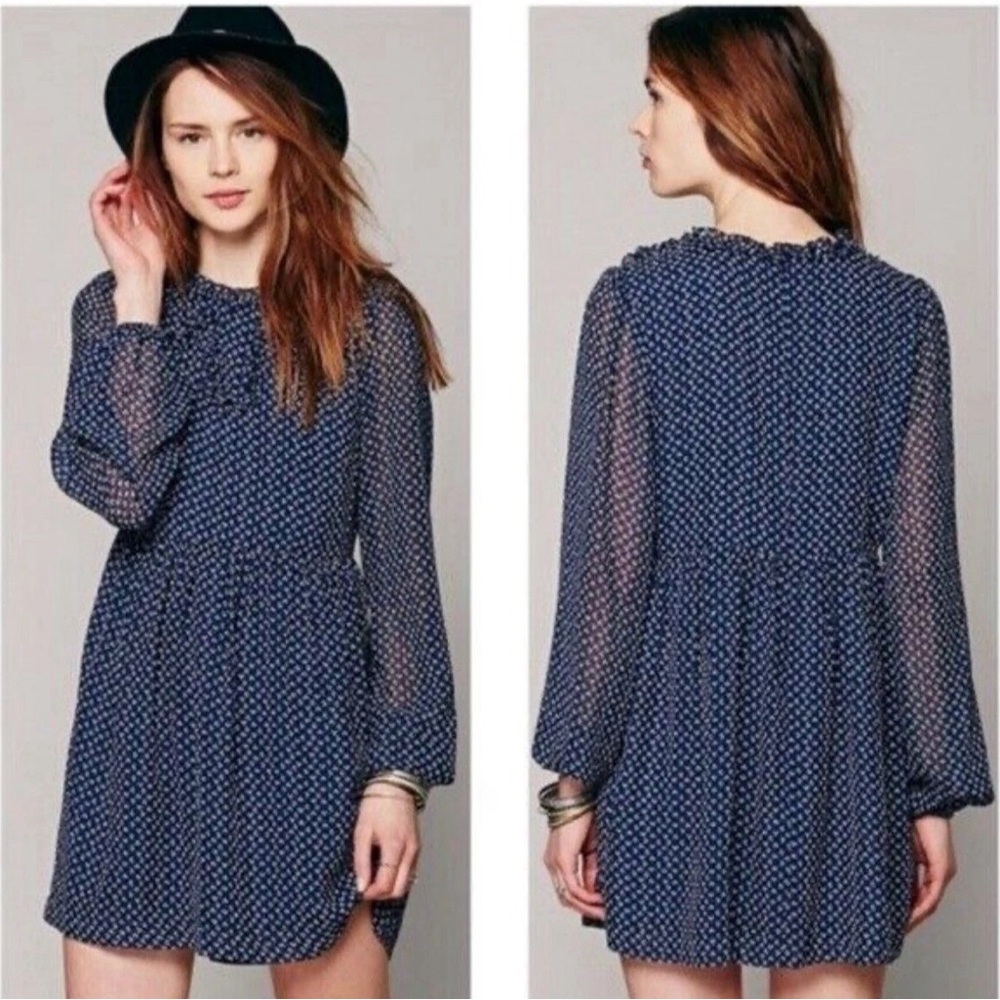 Free People Nouveau Butterfly Dress Long Sleeve Navy Blue Ruffled Chiffon SZ 4